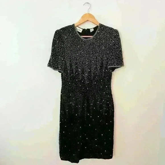 Vintage Laurence Kazar Black Silk Beaded Sequins Cocktail Party Dress 80s MED